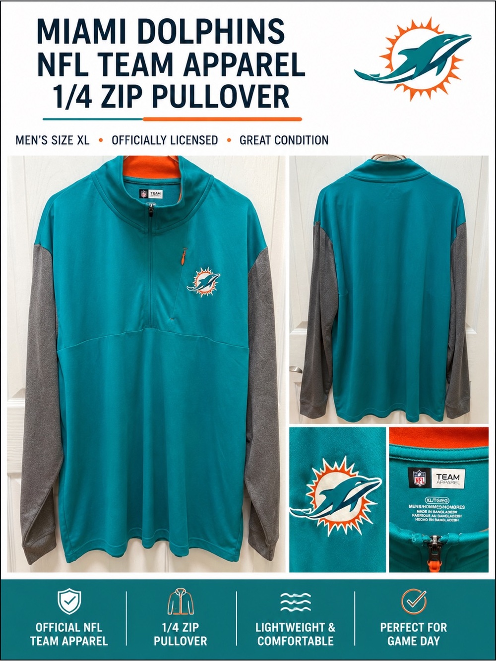 Miami Dolphins NFL Team Apparel 1/4 Zip Pullover – Men’s XL 🐬